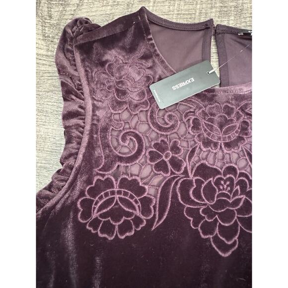 Express Velvet Crew Neck Lace Embroidered Peplum Top Size Medium Merlot $78 - Picture 6 of 11